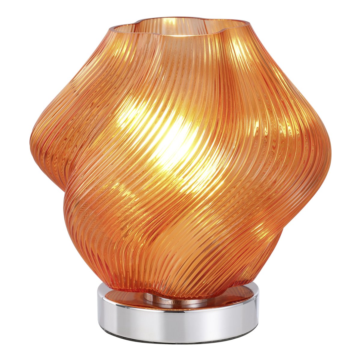 Vicenne 23cm Oranje tafellamp Van Eglo - De glazen kap heeft een golvende vorm met een ribbelpatroon, wat zorgt voor een effectieve uitstraling en de lamp karakter geeft, zowel aan als uit.