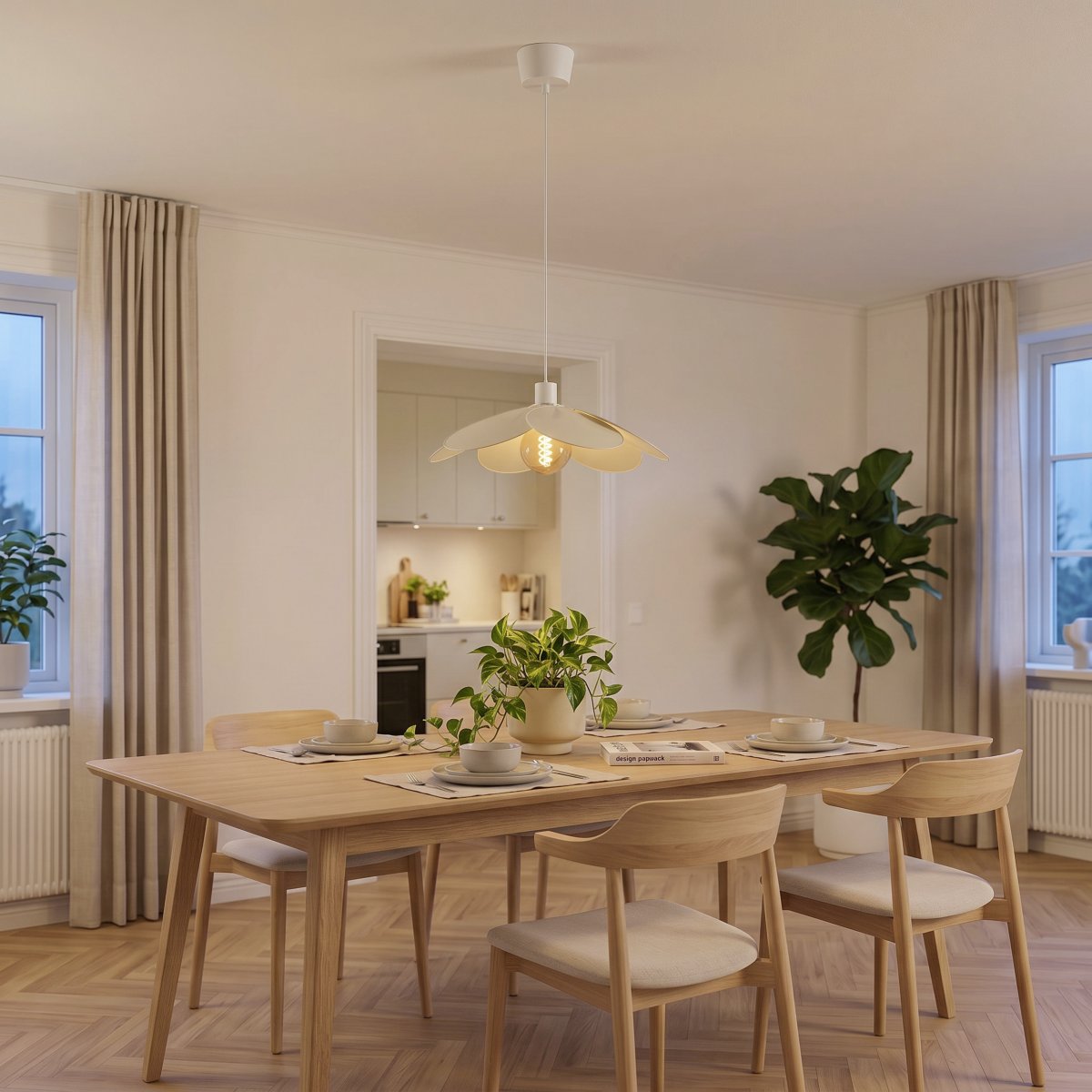 Binacua Ø40 Beige hanglamp Van Eglo - Het textiel geeft de lamp een zachte en gezellige uitstraling, terwijl de bloemvorm een speels element in de ruimte vormt.