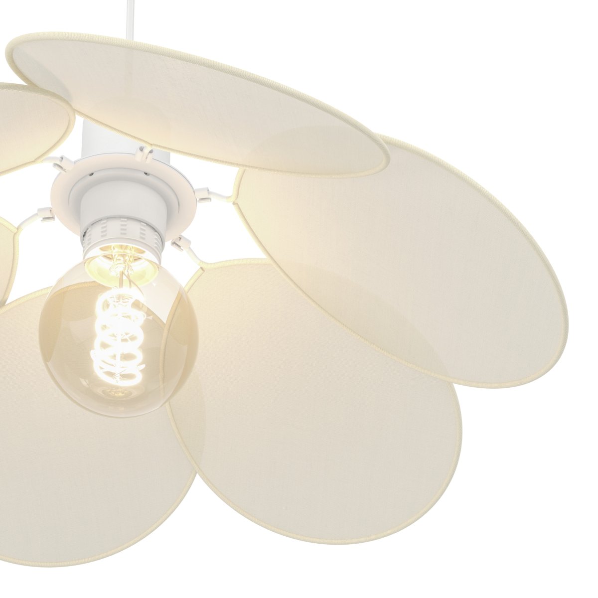 Binacua Ø40 Beige hanglamp Van Eglo - Het textiel geeft de lamp een zachte en gezellige uitstraling, terwijl de bloemvorm een speels element in de ruimte vormt.