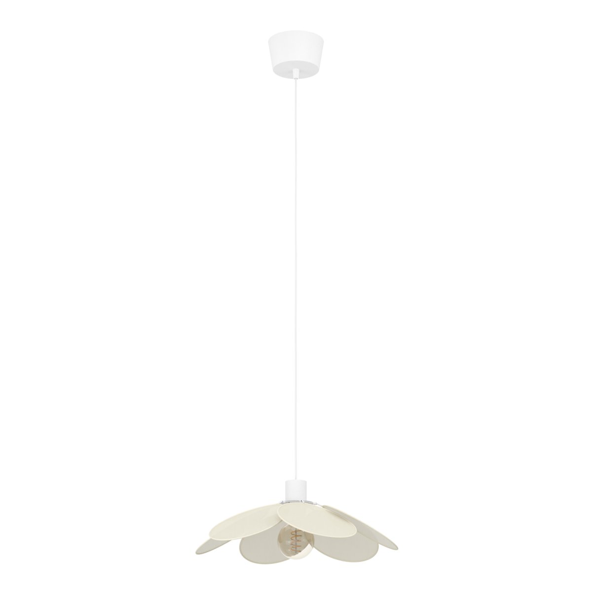 Binacua Ø40 Beige hanglamp Van Eglo - Het textiel geeft de lamp een zachte en gezellige uitstraling, terwijl de bloemvorm een speels element in de ruimte vormt.