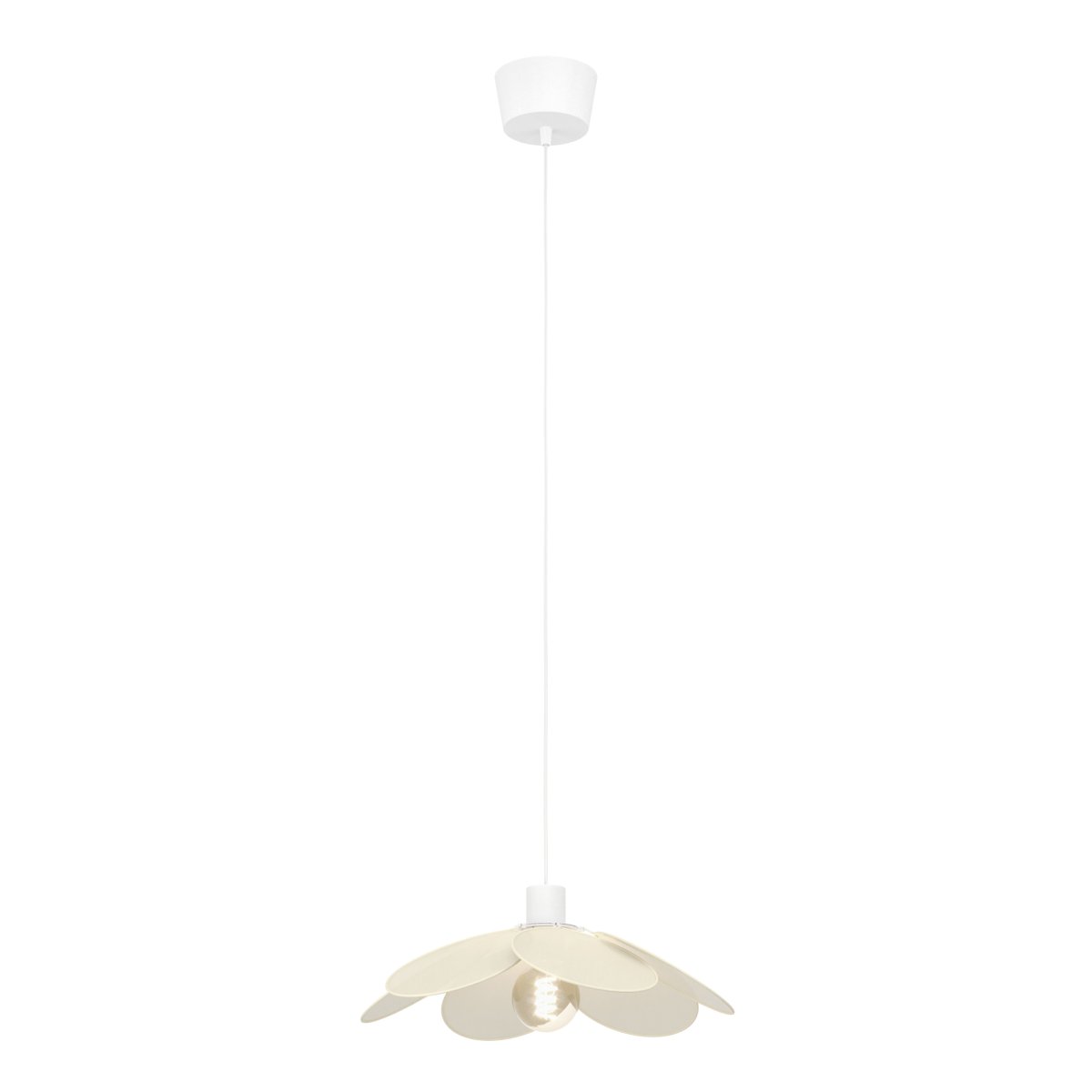 Binacua Ø40 Beige hanglamp Van Eglo - Het textiel geeft de lamp een zachte en gezellige uitstraling, terwijl de bloemvorm een speels element in de ruimte vormt.