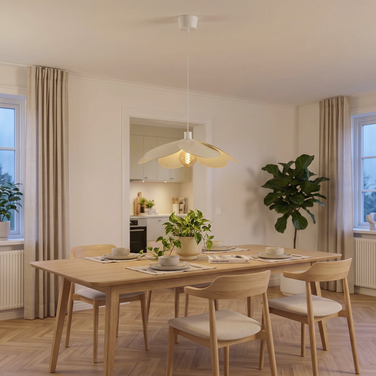 Binacua Ø60 Beige hanglamp Van Eglo - Het textiel geeft de lamp een zachte en gezellige uitstraling, terwijl de bloemvorm een speels element in de ruimte vormt.