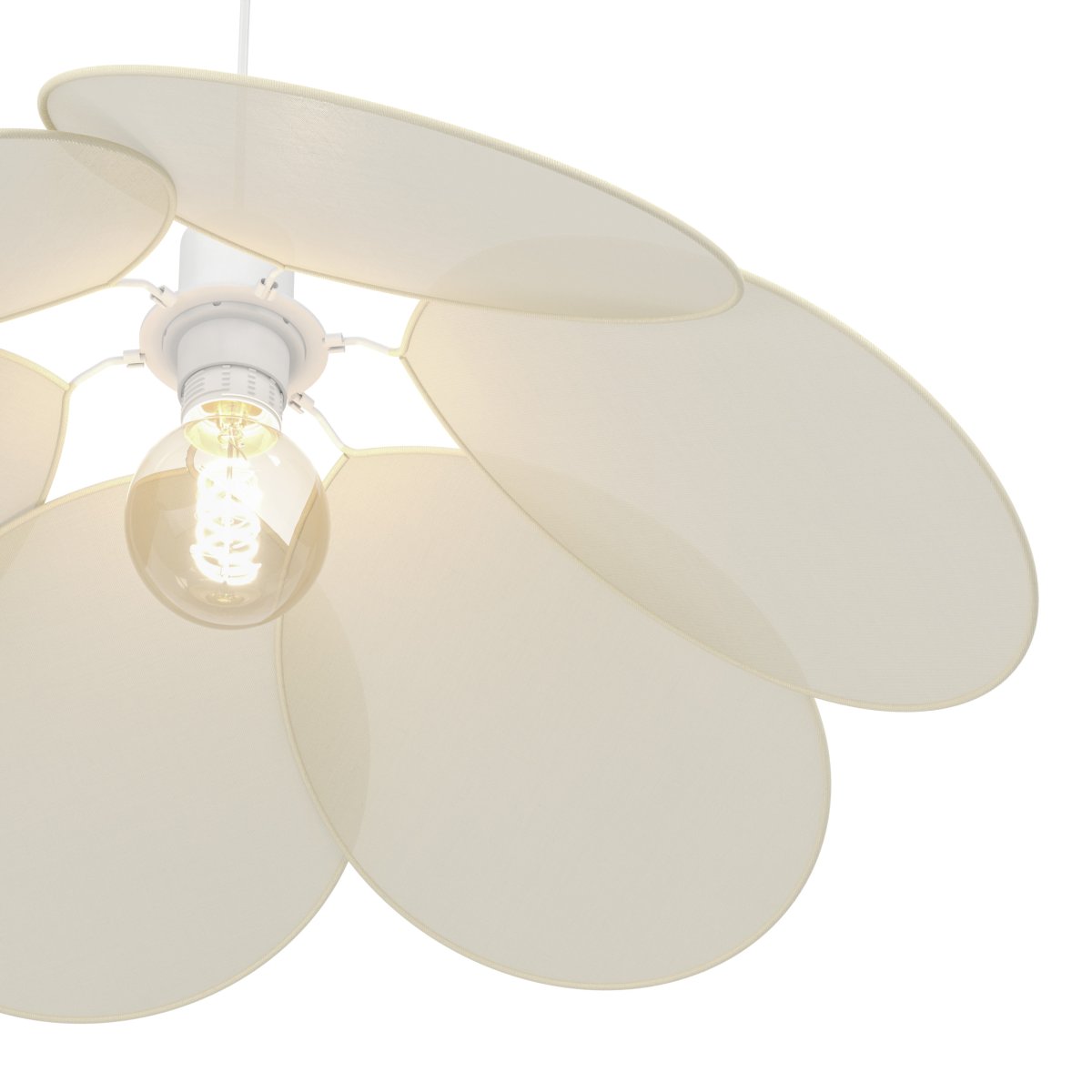 Binacua Ø60 Beige hanglamp Van Eglo - Het textiel geeft de lamp een zachte en gezellige uitstraling, terwijl de bloemvorm een speels element in de ruimte vormt.