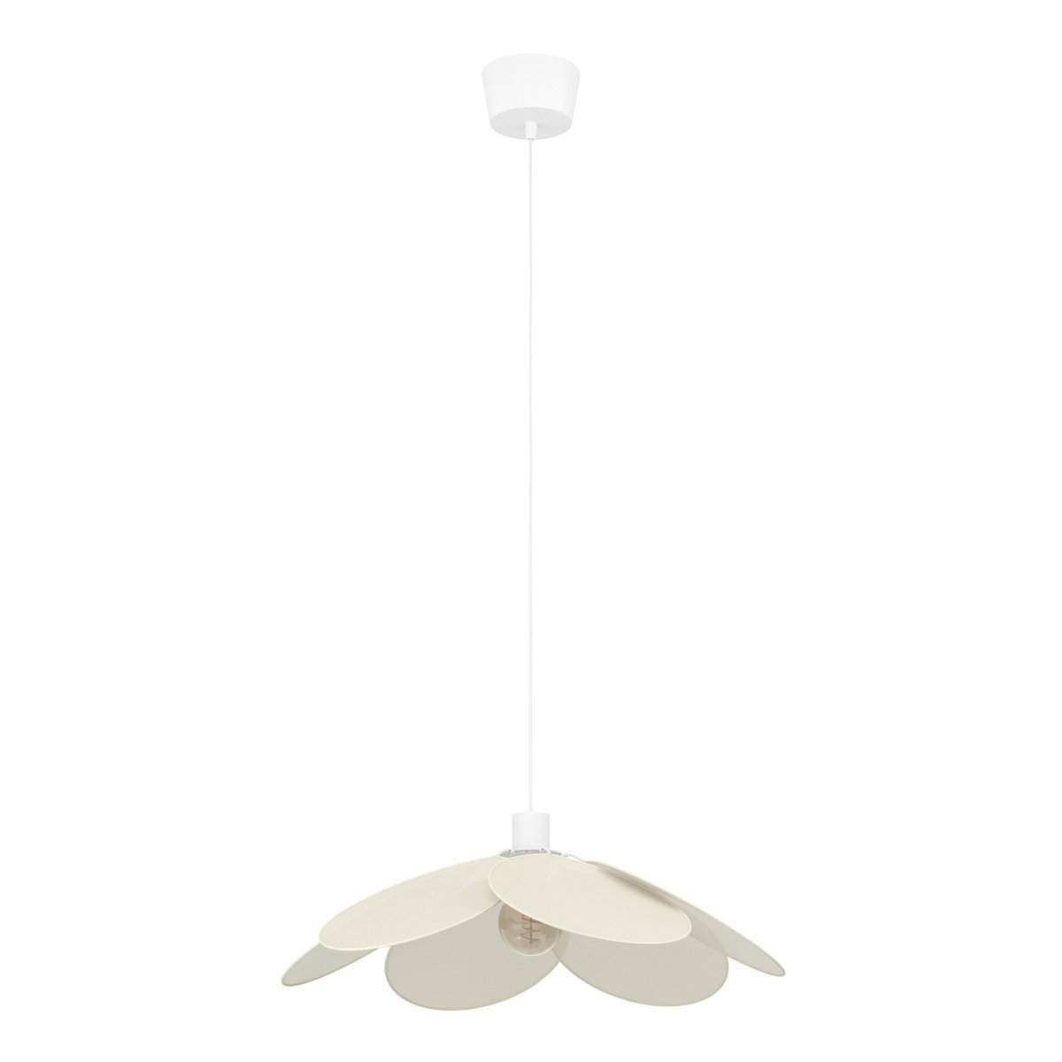 Binacua Ø60 Beige hanglamp Van Eglo - Het textiel geeft de lamp een zachte en gezellige uitstraling, terwijl de bloemvorm een speels element in de ruimte vormt.