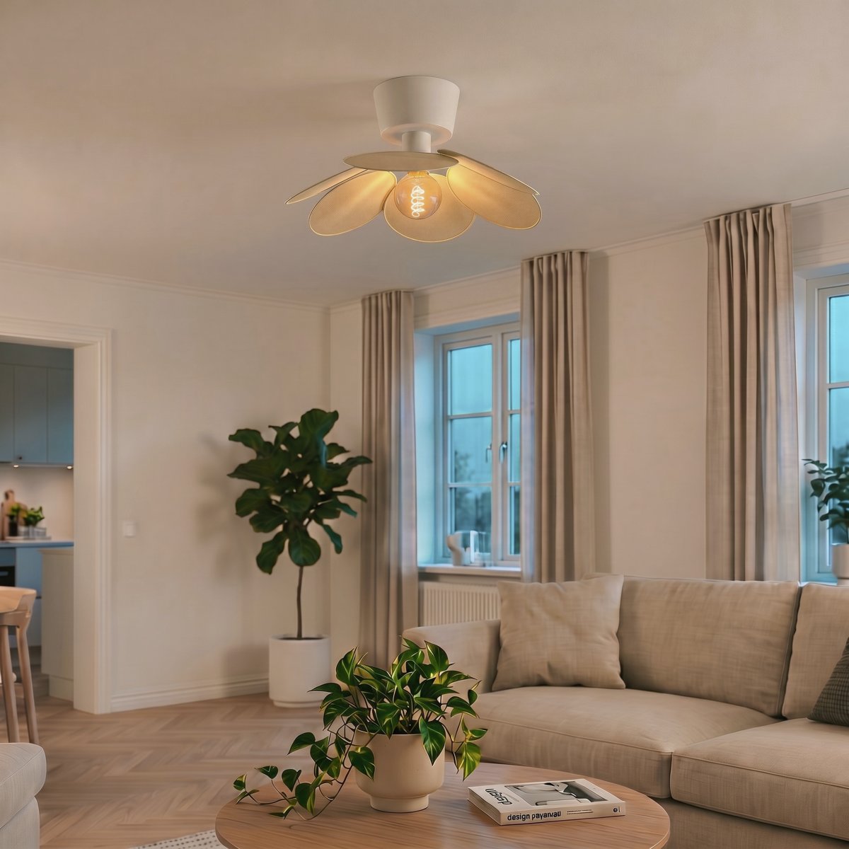 Binacua Ø45 Beige plafondlamp Van Eglo - Het textiel geeft de lamp een zachte en gezellige uitstraling, terwijl de bloemvorm een speels element in de ruimte vormt.