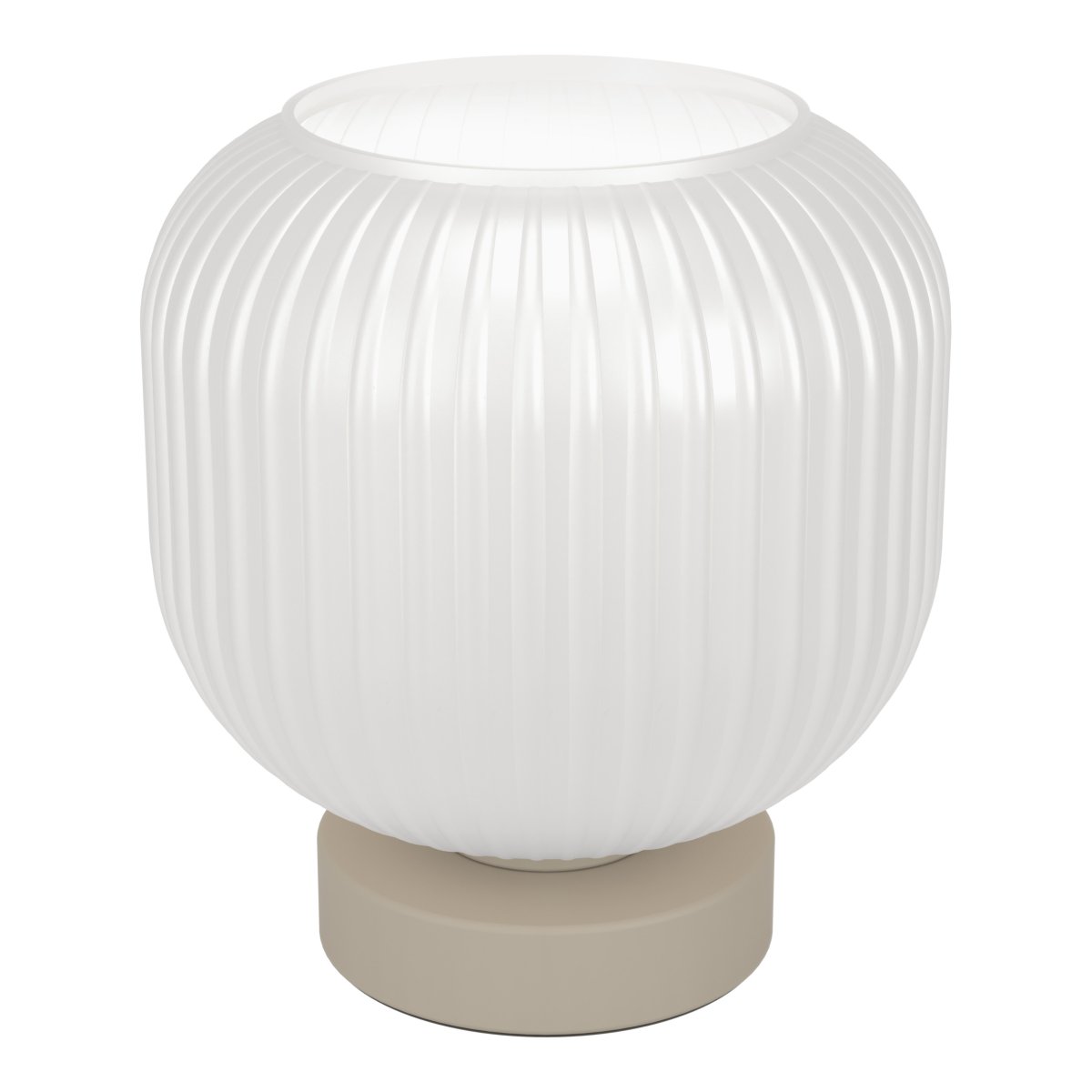 Dasmina 22cm Wit/zand tafellamp Van Eglo - Dasmina heeft een ronde kap van wit, geribbeld glas, gecombineerd met een voet van zandkleurig metaal.