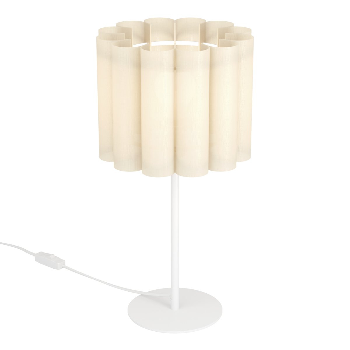 Collegrilli 23cm Beige tafellamp Van Eglo - De Collegrilli tafellamp heeft een beige textielen kap die de natuurlijke structuur van linnen nabootst en een eenvoudige lampvoet van wit metaal.