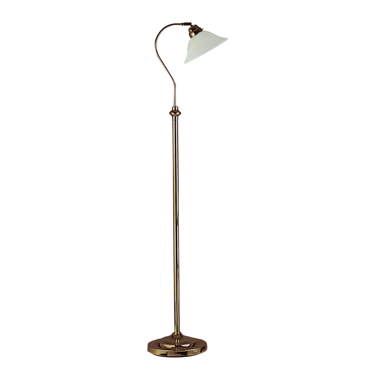 Adjustable Antiek messing vloerlamp Van Searchlight - Met zijn strakke messing afwerking en zacht gevormde glazen lampenkap geeft hij een prachtig licht dat perfect past in de leeshoek of als extra verlichting in de woonkamer.