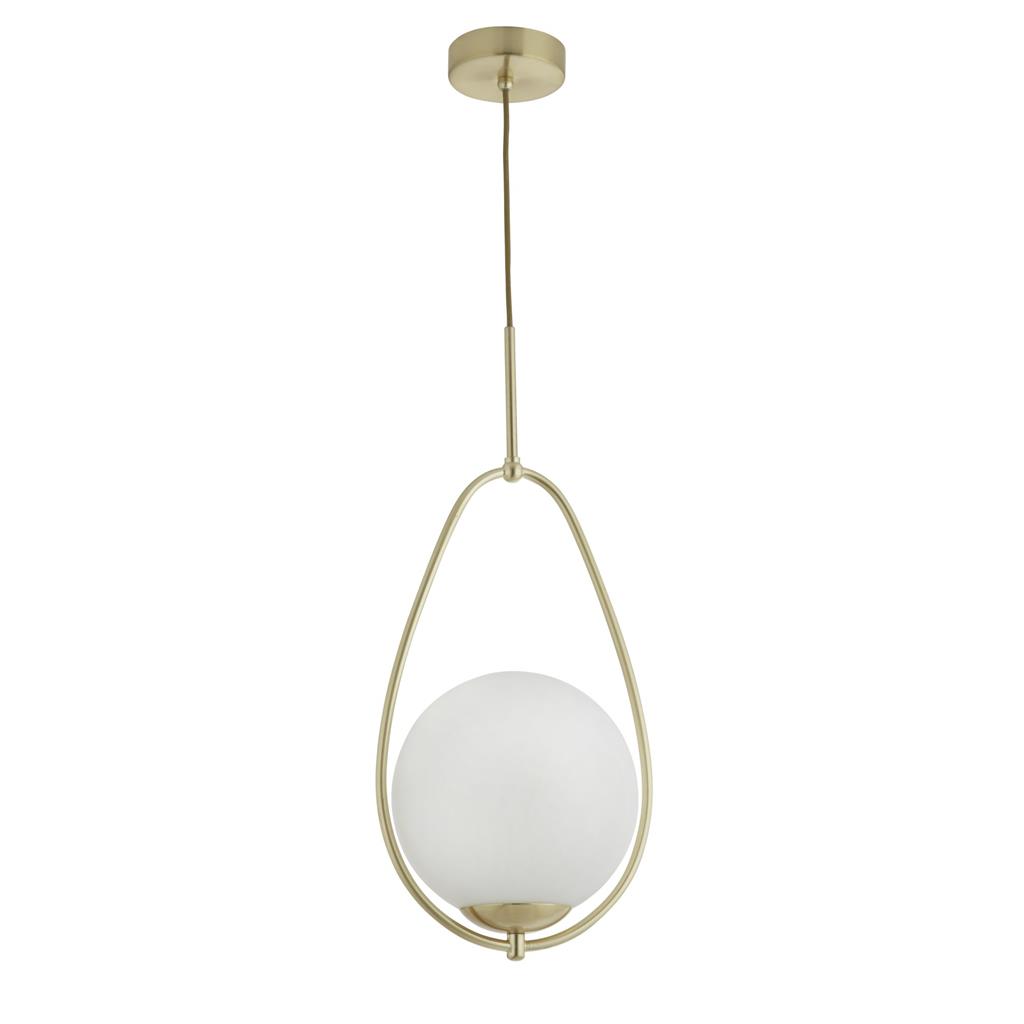 Avalon Ø23 Goud hanglamp Van Searchlight - Hang deze stijlvolle plafondlamp met een klassiek design overal in uw huis – Het ronde opaalglas in combinatie met de goudkleurige afwerking creëert een zachte, warme gloed die perfect past in de hal, woonkamer of boven een trap.