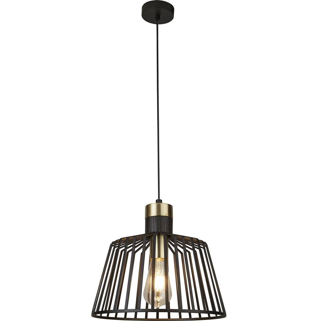 Bird Cage Ø30 Zwart hanglamp Van Searchlight - Bird Cage is een opvallende hanglamp die robuust zwart metaal combineert met elegante gouden details.