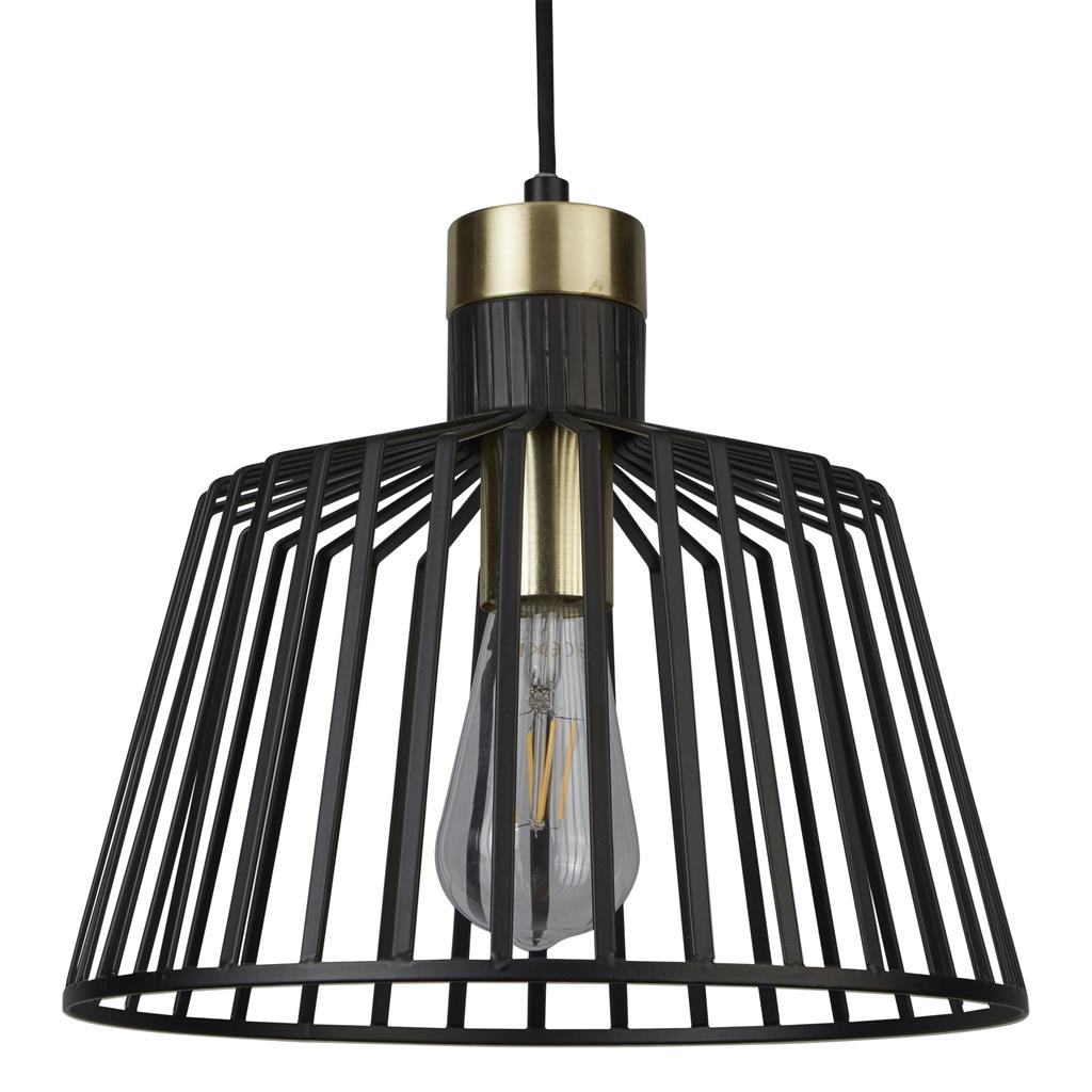 Bird Cage Ø30 Zwart hanglamp Van Searchlight - Bird Cage is een opvallende hanglamp die robuust zwart metaal combineert met elegante gouden details.