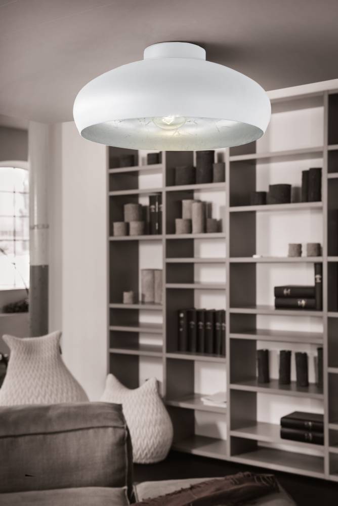 Mogano Ø40 Wit plafondlamp Van Eglo - Met zijn zacht afgeronde vorm in de afwerking wit en chroom creëert hij een warme en comfortabele sfeer, perfect voor in de woonkamer, slaapkamer of hal.