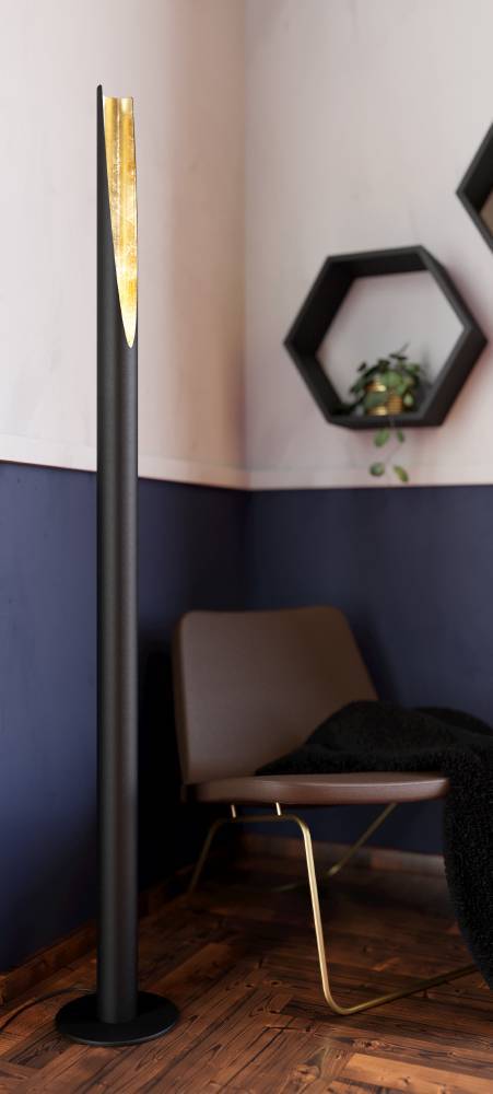 Barbotto Zwart vloerlamp Van Eglo - De slanke vorm en open snit zorgen voor een subtiele en stijlvolle uitstraling, waardoor de lamp perfect is voor het creëren van een gezellige sfeer in de woonkamer, slaapkamer of hal.