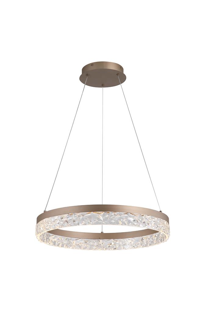 Madeleine Ø50 Lichtbruin hanglamp Van Searchlight - Het lichtbruine metalen frame omringt een cirkel met een transparante acryl diffuser in een decoratief kristalpatroon, wat zorgt voor een prachtig en sprankelend lichtspel.
