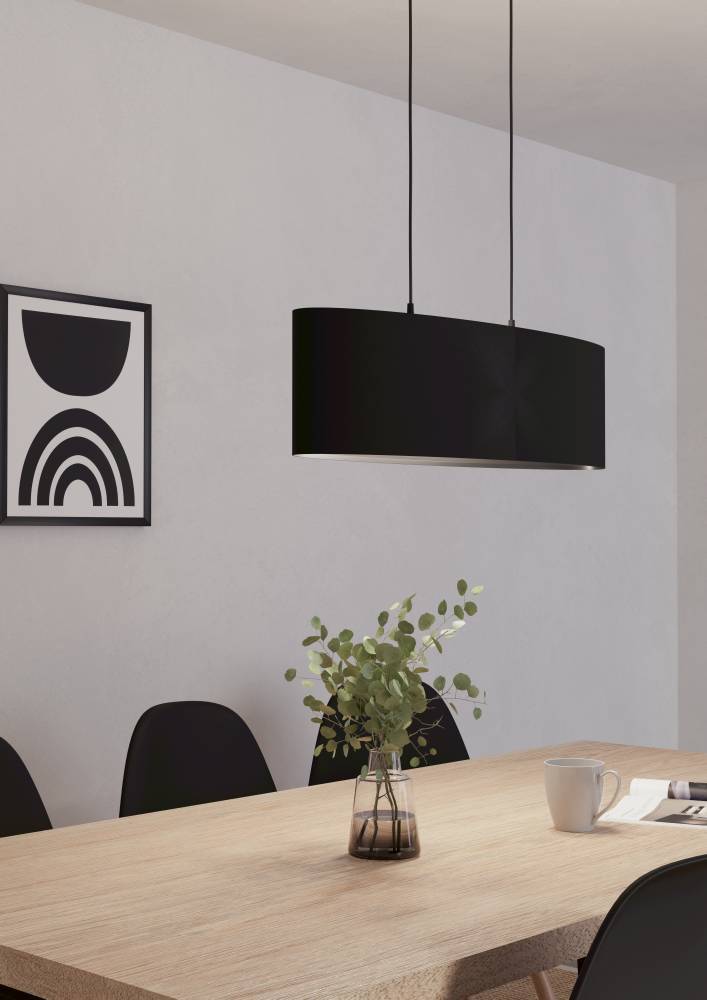Maserlo 78cm Zwart hanglamp Van Eglo - Door de ophanging met dunne kabels heeft de lamp een zwevend gevoel en een elegant silhouet in de kamer.