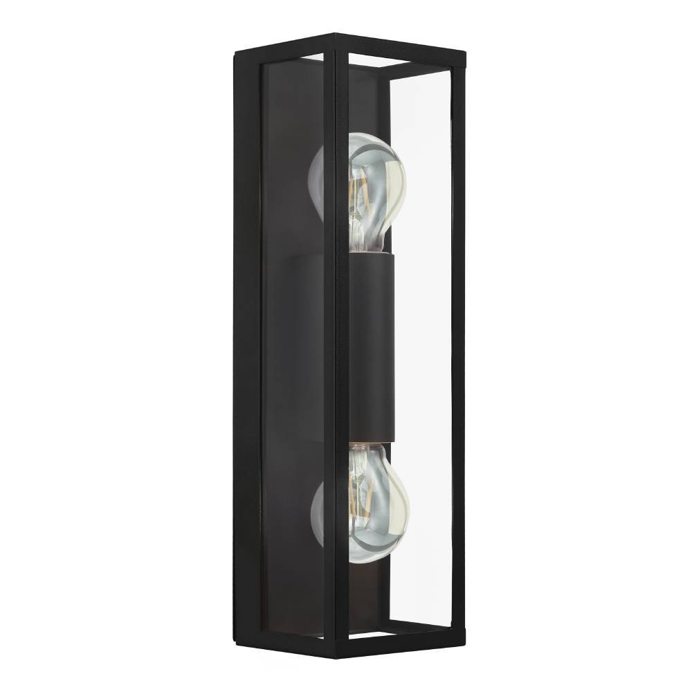 Amezola 38cm Zwart badkamerlamp Van Eglo - Door de rechthoekige vorm en de twee zichtbare lichtbronnen heeft de lamp een trendy, industriële uitstraling en verspreidt hij aangenaam licht.