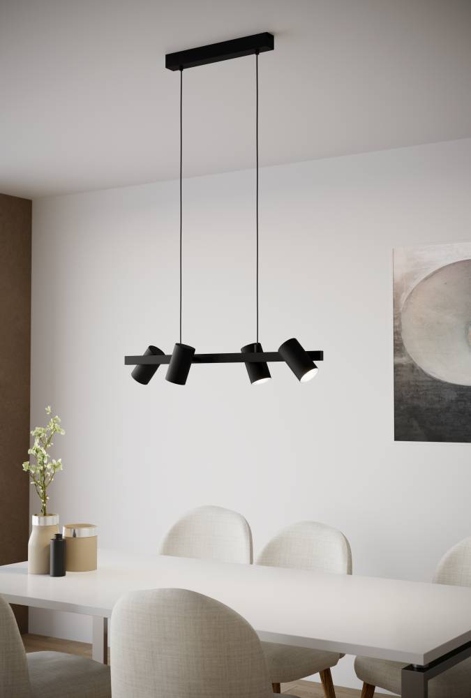 Gatuela 76cm Zwart hanglamp Van Eglo - Deze moderne plafondlamp heeft een stijlvol en minimalistisch design en is voorzien van vier verstelbare spots.