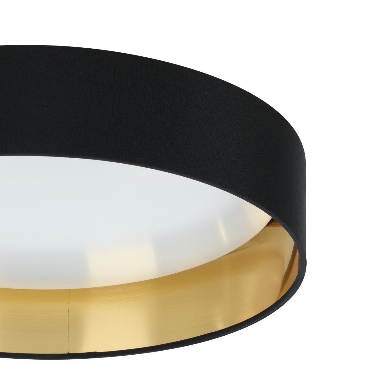 Maserlo Ø38 Zwart plafondlamp Van Eglo - De Maserlo plafondlamp heeft een zwart textiel frame en een glanzende, goudkleurige binnenkant die de lamp een elegante uitstraling geeft.