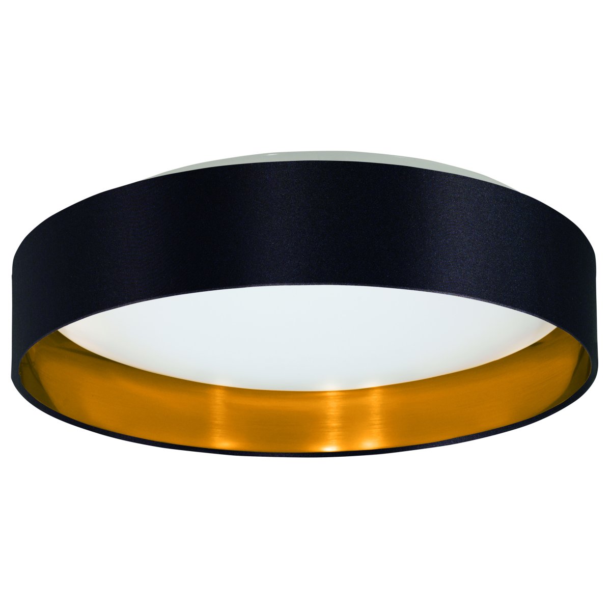 Maserlo Ø38 Zwart plafondlamp Van Eglo - De Maserlo plafondlamp heeft een zwart textiel frame en een glanzende, goudkleurige binnenkant die de lamp een elegante uitstraling geeft.