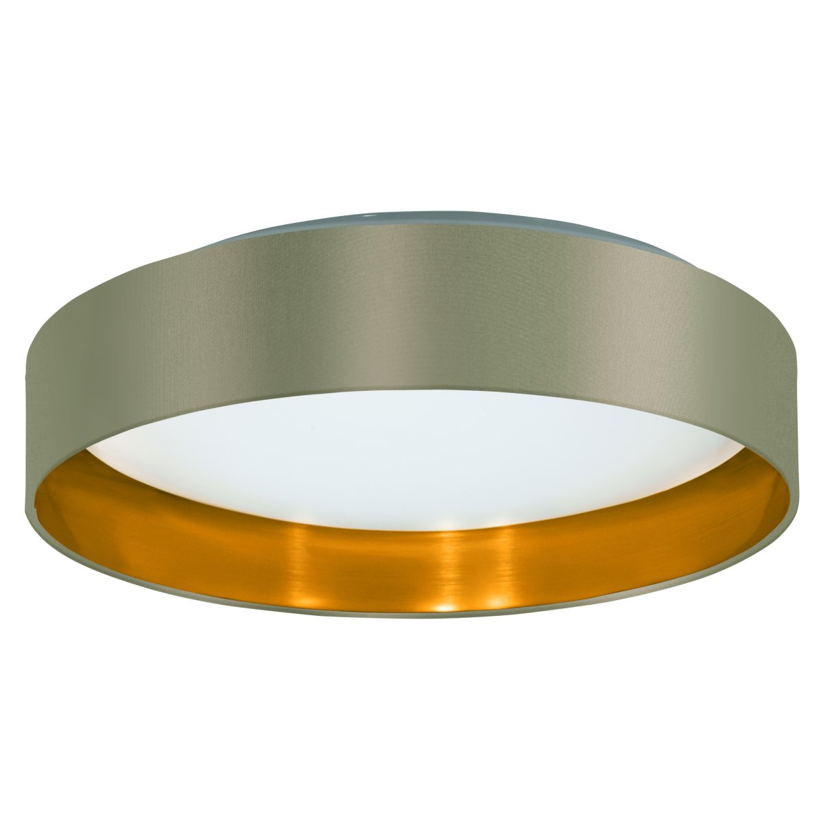 Maserlo Ø38 Beige plafondlamp Van Eglo - De Maserlo plafondlamp heeft een beige textiel frame en een glanzende, goudkleurige binnenkant die de lamp een elegante uitstraling geeft.