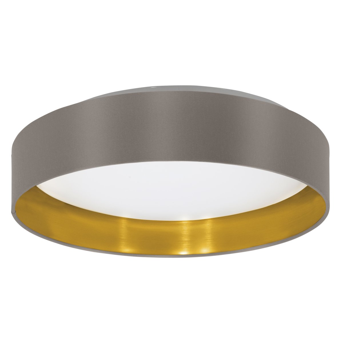 Maserlo Ø38 Bruin plafondlamp Van Eglo - De Maserlo plafondlamp heeft een bruin textiel frame en een glanzende, goudkleurige binnenkant die de lamp een elegante uitstraling geeft.