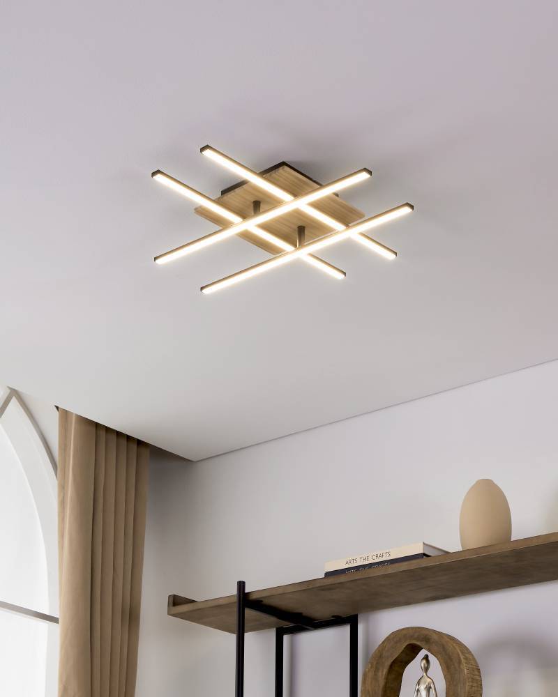 Marinello 50cm Zwart plafondlamp Van Eglo - Met de in elkaar grijpende LED-lichtframes en een basis van natuurlijk hout creëert het een dynamische en moderne uitstraling in uw huis.