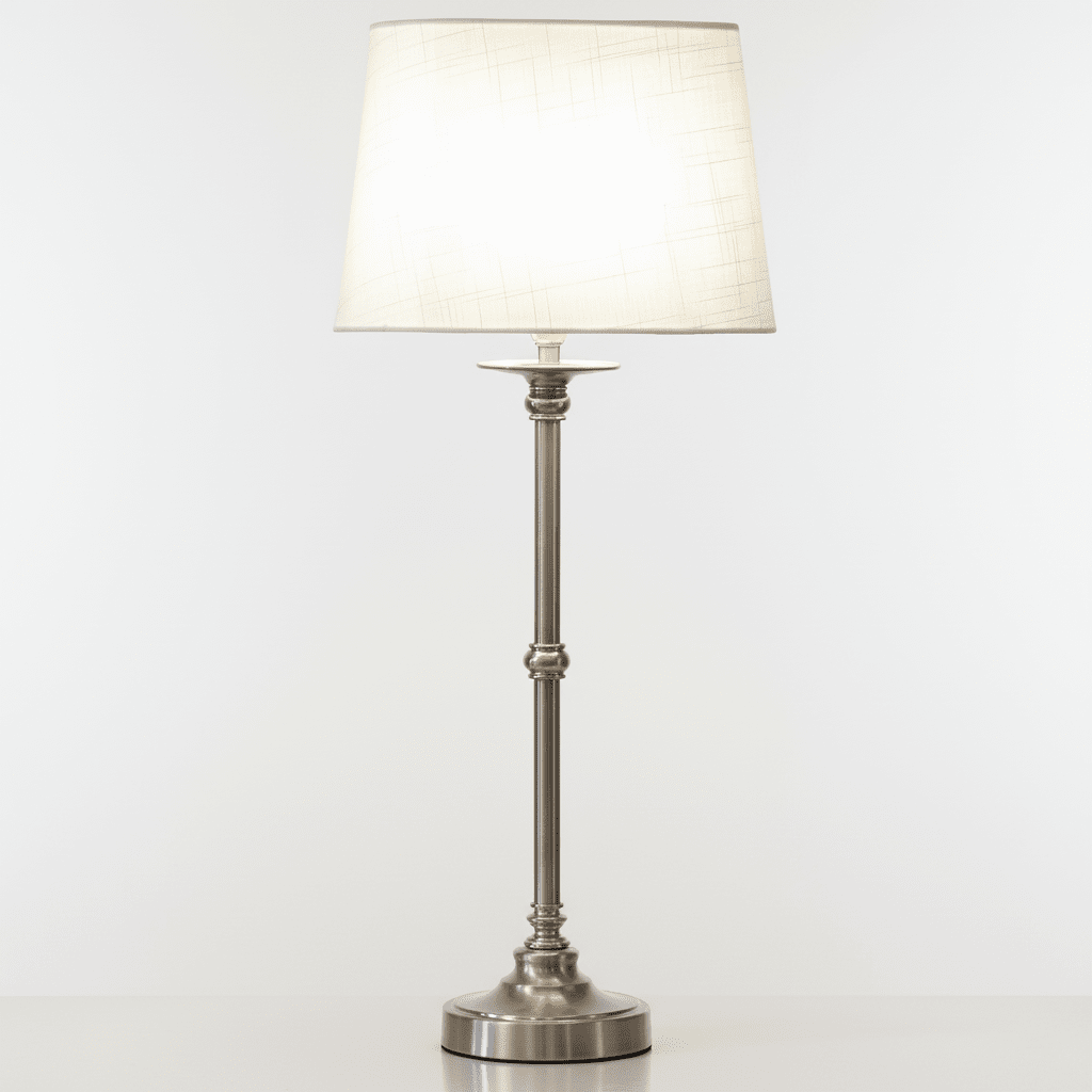 Axel 60cm Zilver/gebroken wit tafellamp Van Lampan - De ovale kap van gebroken wit textiel vormt een mooie aanvulling op de lampvoet en zorgt voor een zacht en aangenaam licht.