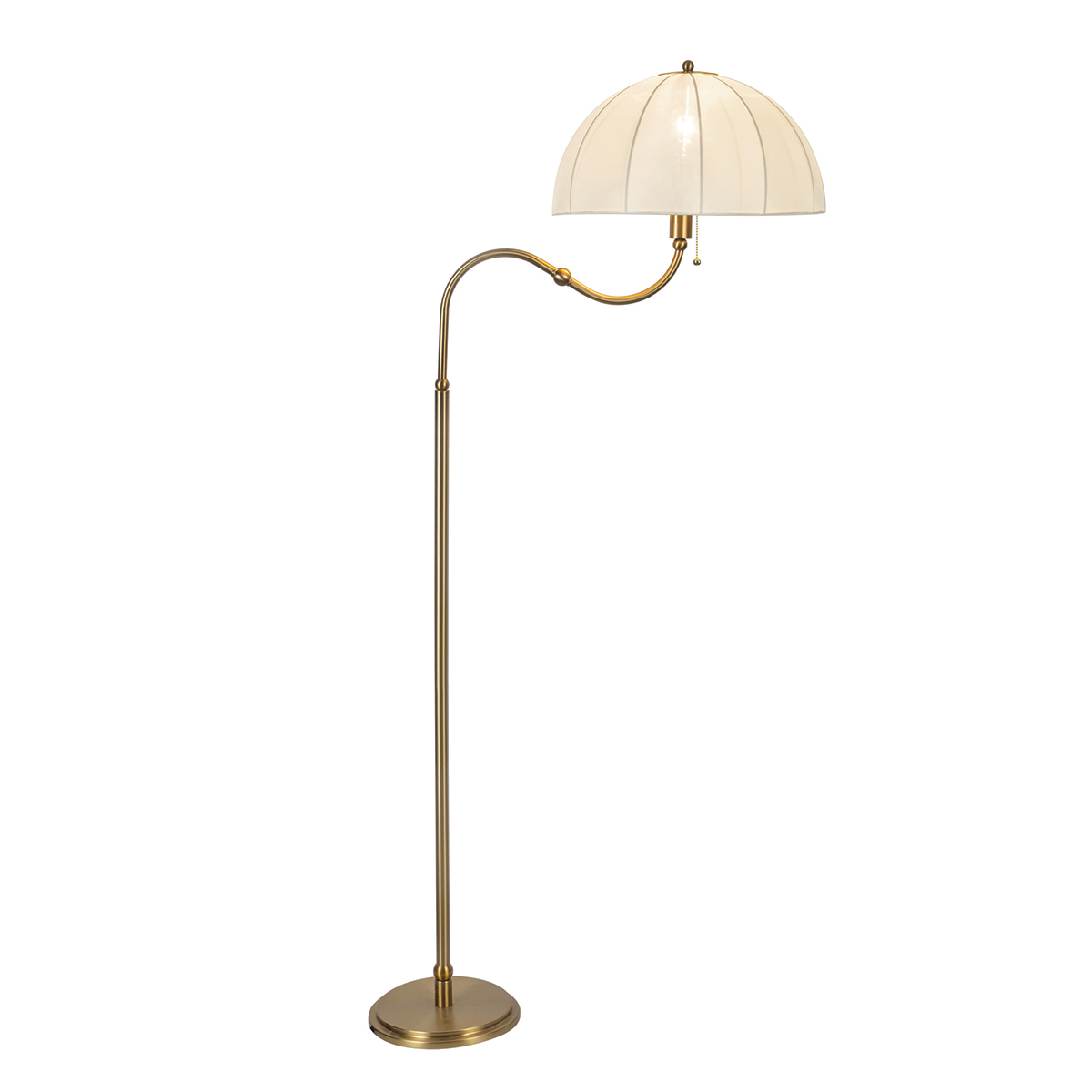 Crosby Geborsteld goud vloerlamp Van Elstead Lighting - Het metalen frame heeft een geborstelde goudkleurige afwerking en een zacht gebogen arm die de lamp een karakteristieke uitstraling geeft.