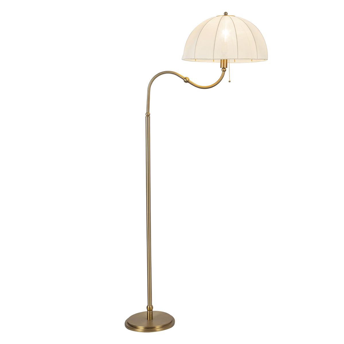Crosby Geborsteld goud vloerlamp Van Elstead Lighting - Het metalen frame heeft een geborstelde goudkleurige afwerking en een zacht gebogen arm die de lamp een karakteristieke uitstraling geeft.
