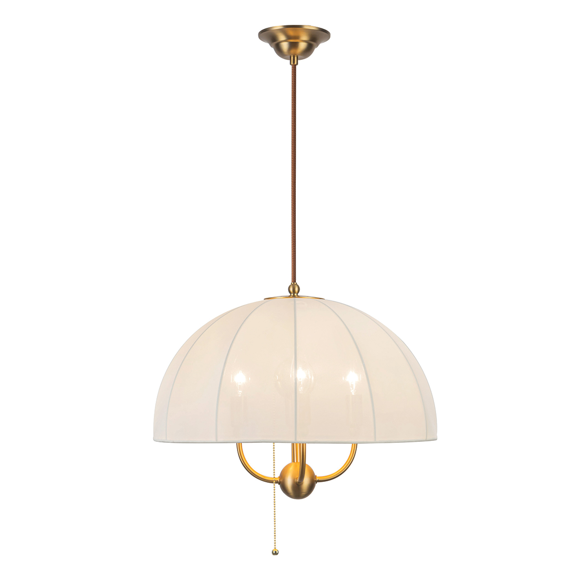 Crosby Ø45 Geborsteld goud hanglamp Van Elstead Lighting - De lamp is gemaakt van metaal met een geborstelde goudkleurige afwerking en is gecombineerd met een gebogen kap van dunne, lichte stof die het licht mooi doorlaat.
