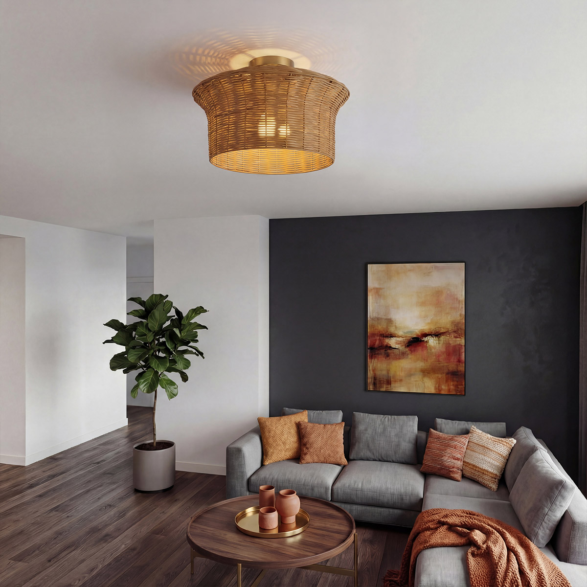 Kai Ø40 Natuur plafondlamp Van Elstead Lighting - Het naturelkleurige rotan geeft de lamp een warme en gezellige uitstraling, terwijl de details in geborsteld goud een mooi contrast cre&euml;ren.