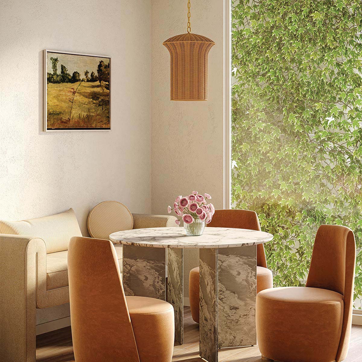 Kai Ø28 Natuur hanglamp Van Elstead Lighting - Het naturelkleurige rotan geeft de lamp een warme en gezellige uitstraling, terwijl de details in geborsteld goud een mooi contrast cre&euml;ren.
