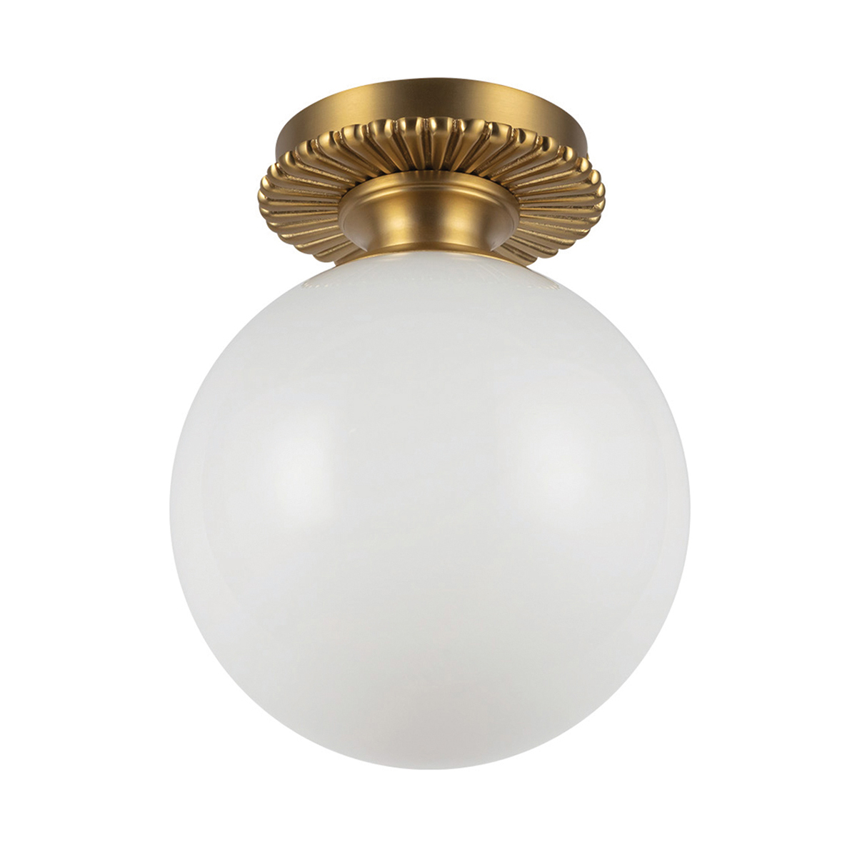 Otis Ø20 Geborsteld goud badkamerlamp Van Elstead Lighting - De ronde kap van glanzend opaalglas verbergt de lichtbron en verspreidt een zacht en aangenaam licht in de ruimte.