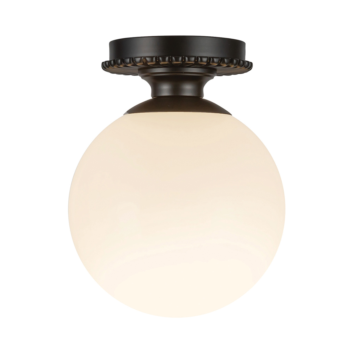 Otis Ø20 Zwart badkamerlamp Van Elstead Lighting - De ronde kap van glanzend opaalglas verbergt de lichtbron en verspreidt een zacht en aangenaam licht in de ruimte.