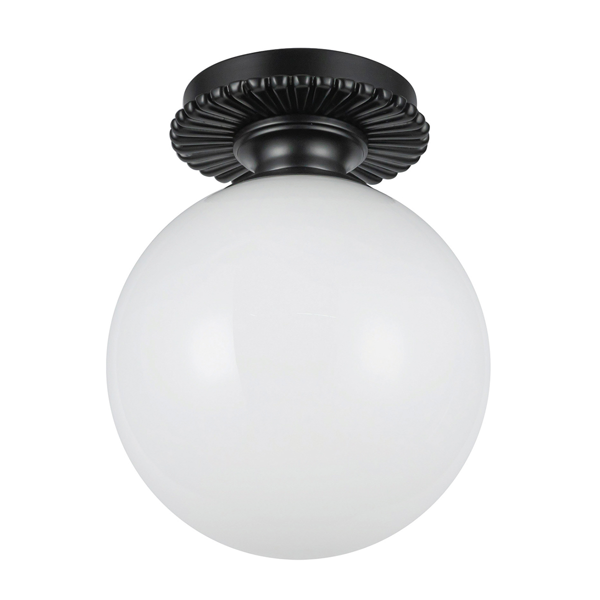 Otis Ø20 Zwart badkamerlamp Van Elstead Lighting - De ronde kap van glanzend opaalglas verbergt de lichtbron en verspreidt een zacht en aangenaam licht in de ruimte.