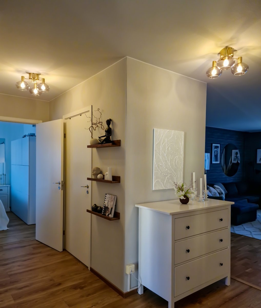 Bell Ø42 Messing plafondlamp Van Aneta Lighting - De drie kappen van gerookt glas verspreiden een zacht en aangenaam licht, terwijl de gouden metalen basis een luxueuze uitstraling aan de kamer toevoegt.