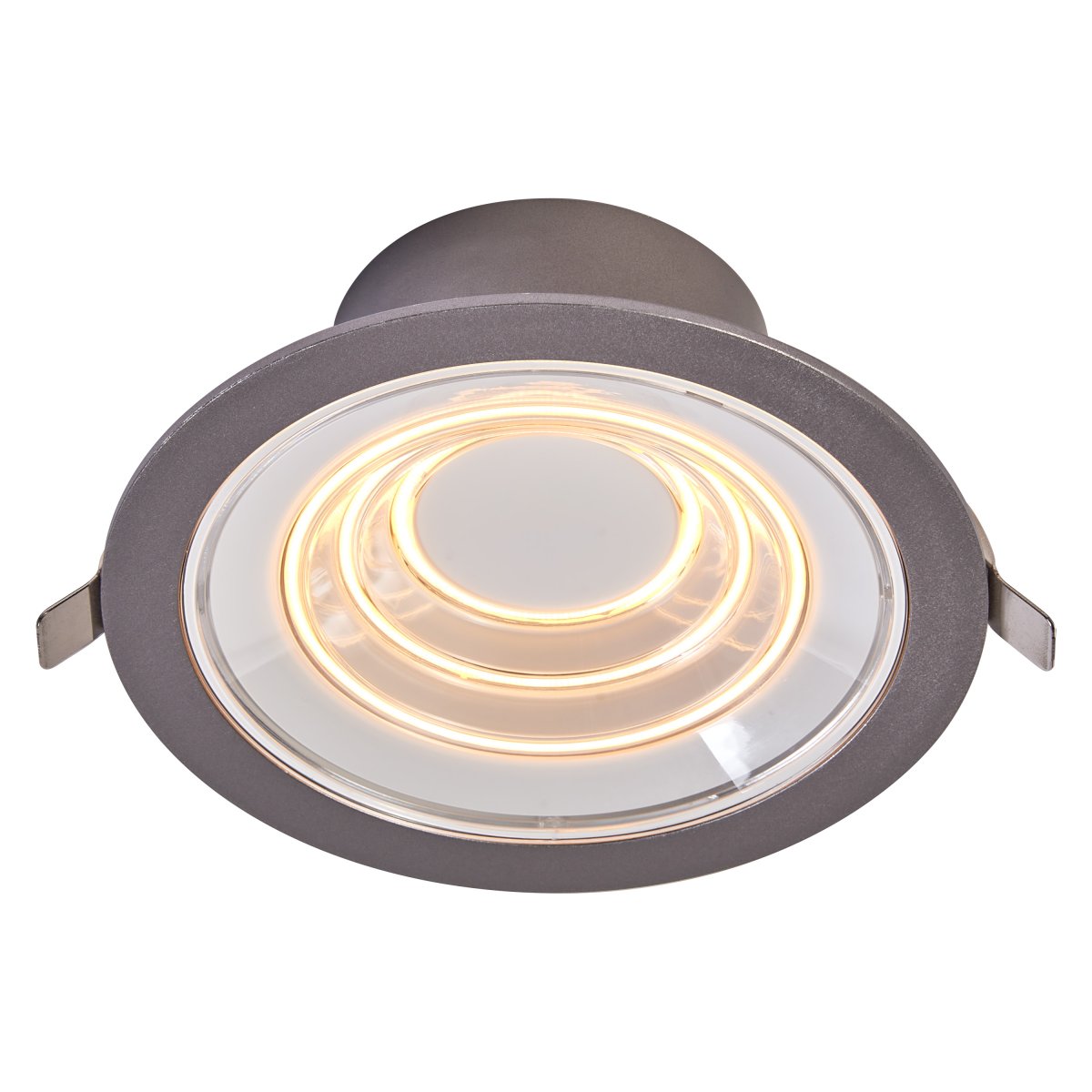 Decor Filament Ripple 9W Aluminium Van Ledvance - In de eerste positie licht de kleine cirkel in het midden op, in de tweede positie licht de tweede cirkel op, in de derde positie licht de derde buitenste cirkel op en in de vierde positie lichten alle drie de cirkels tegelijkertijd op.