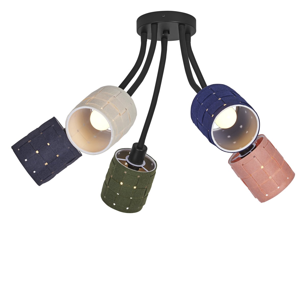 Felt Weaving Cans 63cm Veelkleurig plafondlamp Van Osram - Varje arm har en sk&auml;rm av fl&auml;tad filt vilket ger en fin och varm ljusspridning i rummet.