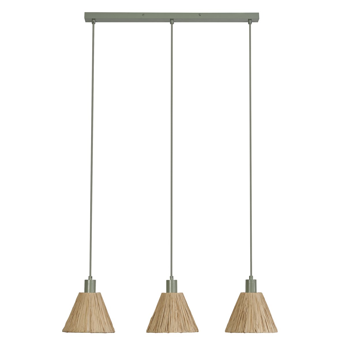 Raffia 85cm Natuur hanglamp Van Ledvance - De lampenkappen van raffiapalmen in combinatie met het groene metaal geven de kamer een warme en natuurlijke sfeer.