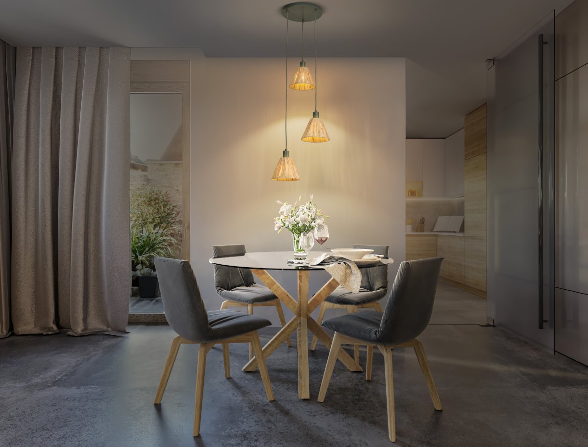 Raffia Ø43 Natuur hanglamp Van Ledvance - De lampenkappen van raffiapalmen in combinatie met het groene metaal geven de kamer een warme en natuurlijke sfeer.