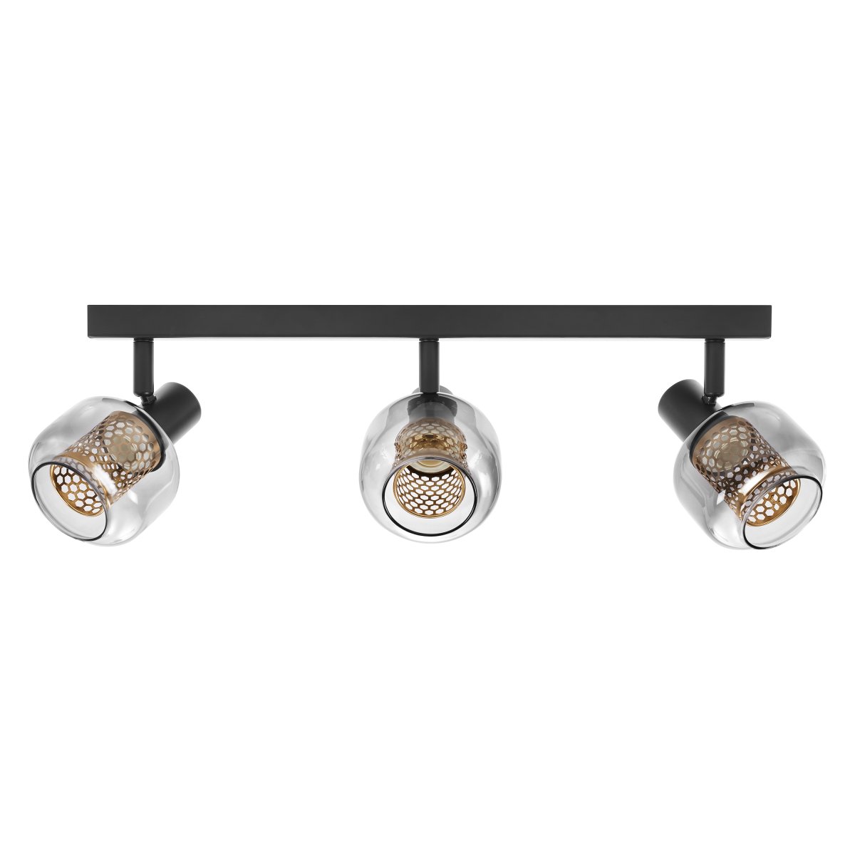 Firefly 3 Zwart spot Van Osram - De r&ouml;rliga spotlightsen med sk&auml;rmar av gr&aring;tonat glas i kombination med de guldiga detaljh&ouml;ljet som omfamnar ljusk&auml;llorna bidrar med en elegans till rummet.