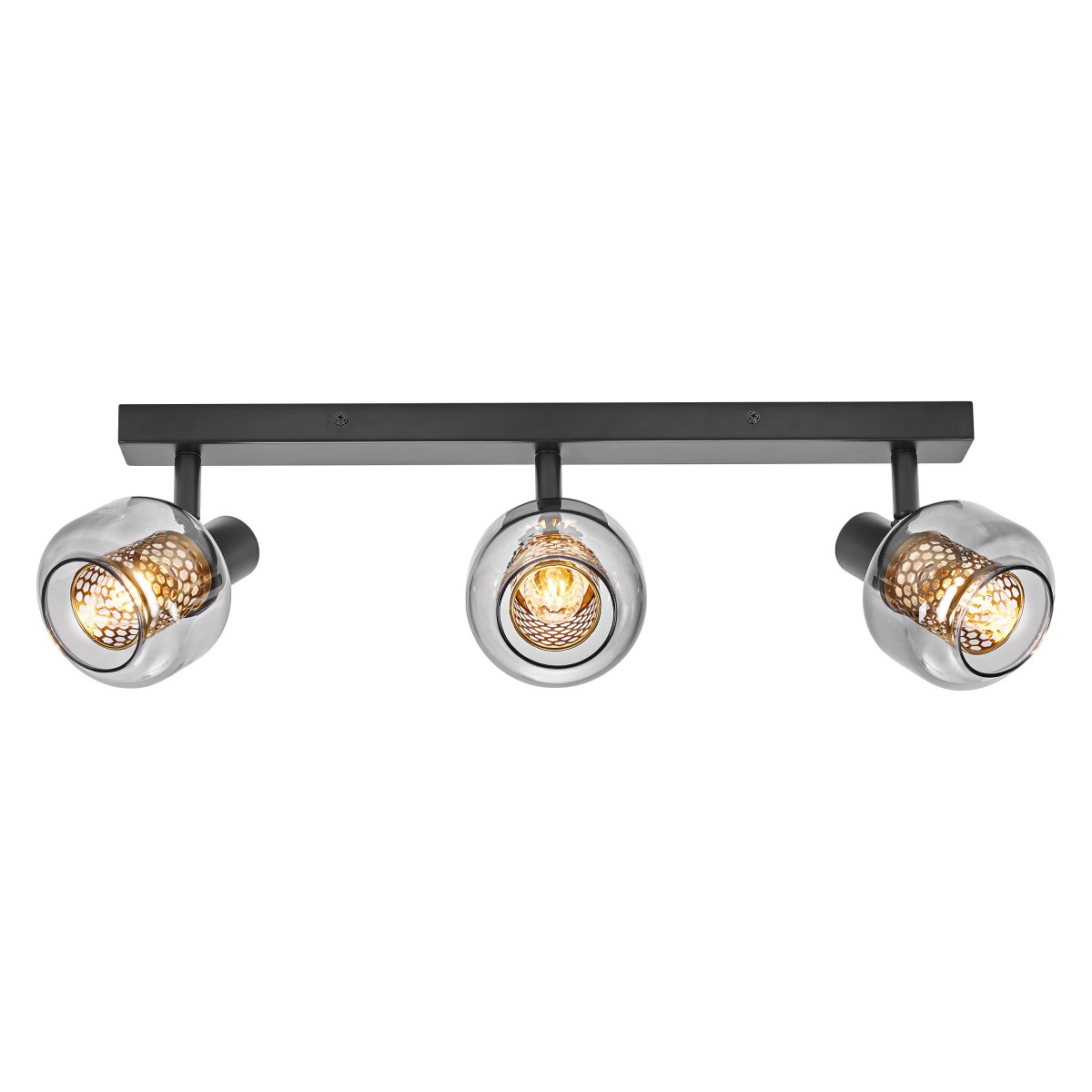 Firefly 3 Zwart spot Van Osram - De r&ouml;rliga spotlightsen med sk&auml;rmar av gr&aring;tonat glas i kombination med de guldiga detaljh&ouml;ljet som omfamnar ljusk&auml;llorna bidrar med en elegans till rummet.