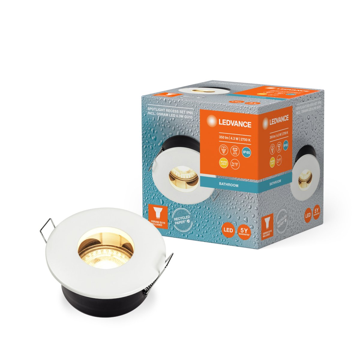 Recess IP65 GU10 4W Wit Van Ledvance - Inf&auml;lld spotlight f&ouml;r badrum d&auml;r 1st GU10 4,3W ljusk&auml;lla fr&aring;n Osram medf&ouml;ljer.