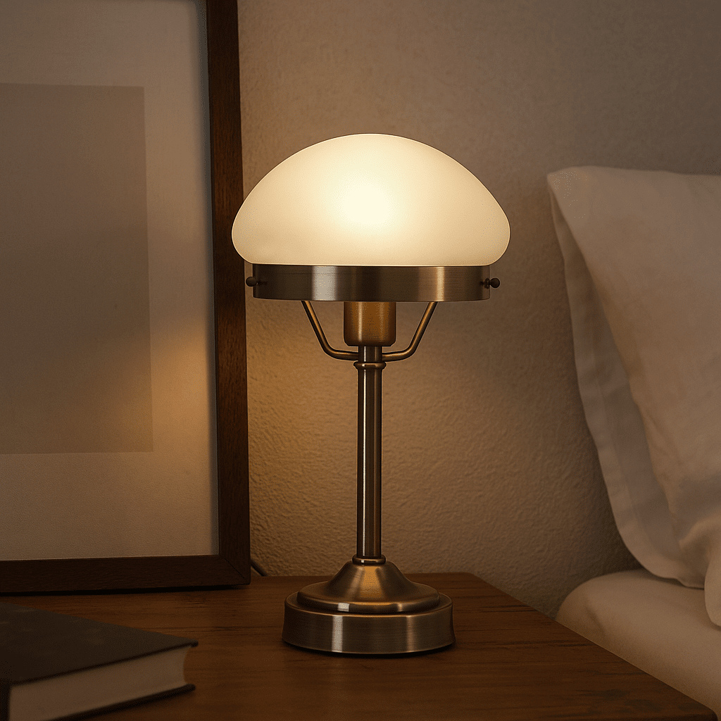 Jas 30cm Antiek messing tafellamp Van Lampan - Hij heeft een metalen voet met een antieke messing afwerking en een koepelvormige witte glazen lampenkap die een zacht en aangenaam licht verspreidt.