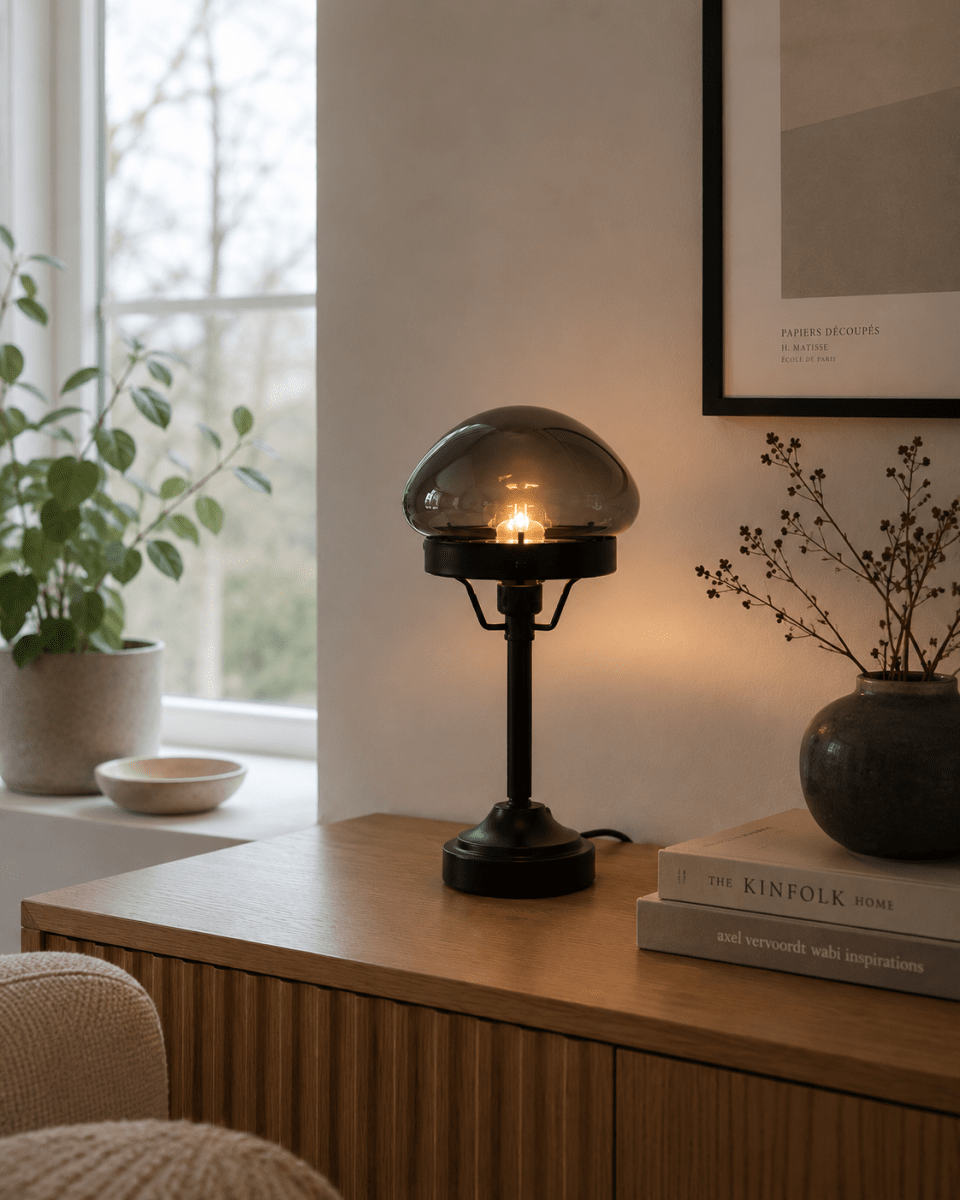 Jas 30cm Zwart tafellamp Van Lampan - Hij heeft een zwarte metalen voet en een koepelvormige lampenkap van rookglas die een zacht en aangenaam licht verspreidt.