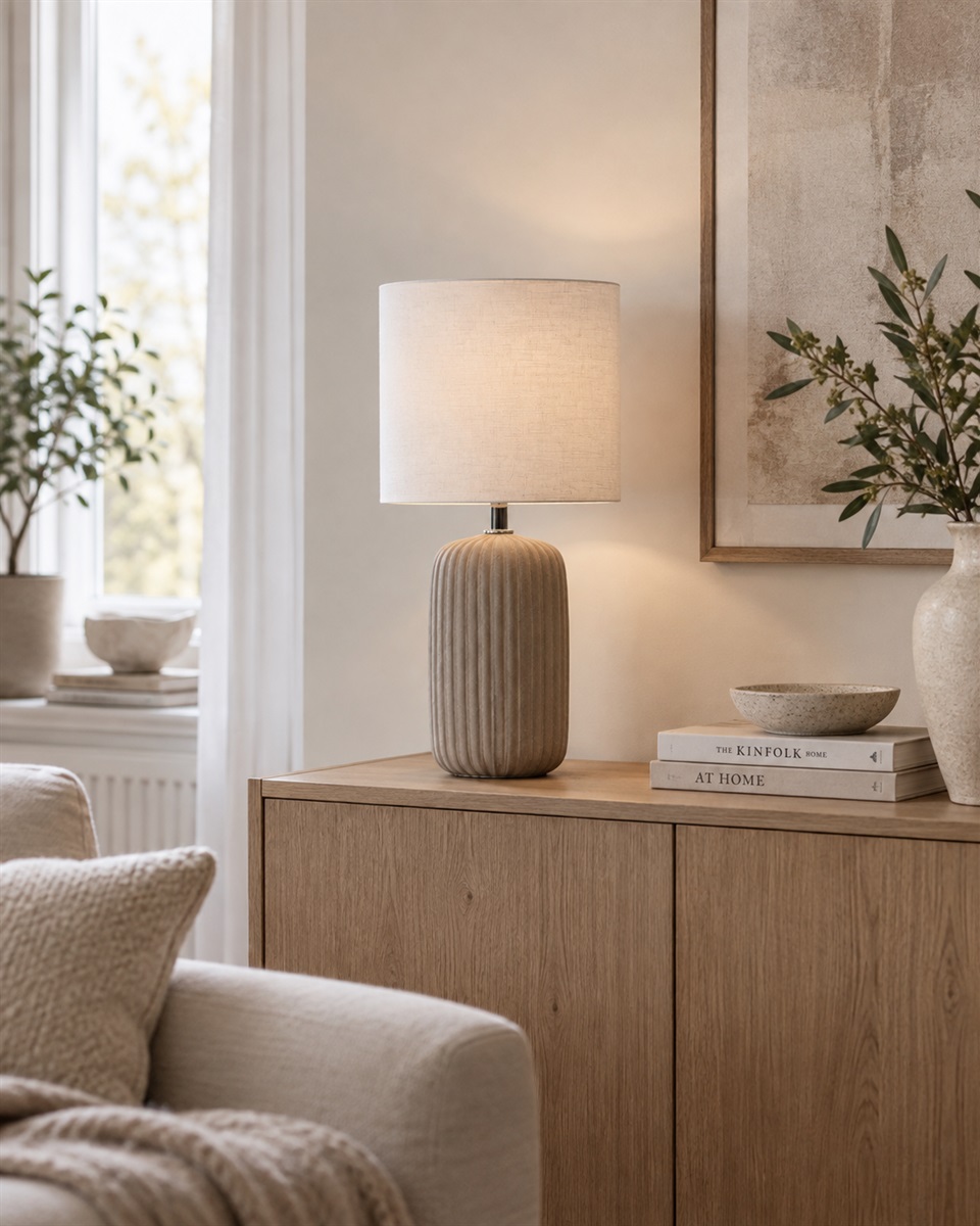 Palizzo 33cm Bruin tafellamp Van Nordic Lighting - De voet heeft een matte, zandkleurige afwerking in een warme bruine tint en een geribbelde structuur die de lamp een zachte en decoratieve uitstraling geeft.