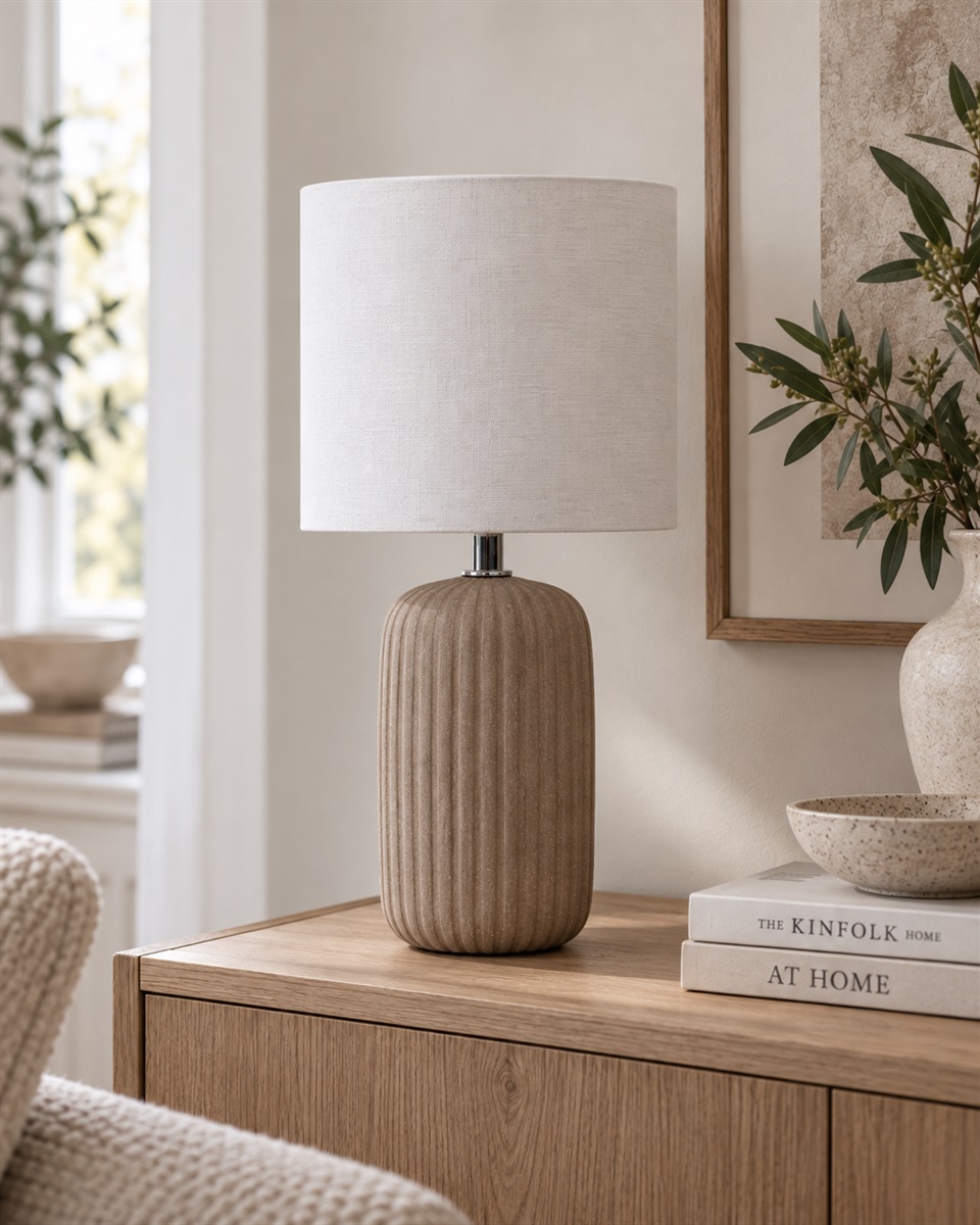 Palizzo 33cm Bruin tafellamp Van Nordic Lighting - De voet heeft een matte, zandkleurige afwerking in een warme bruine tint en een geribbelde structuur die de lamp een zachte en decoratieve uitstraling geeft.
