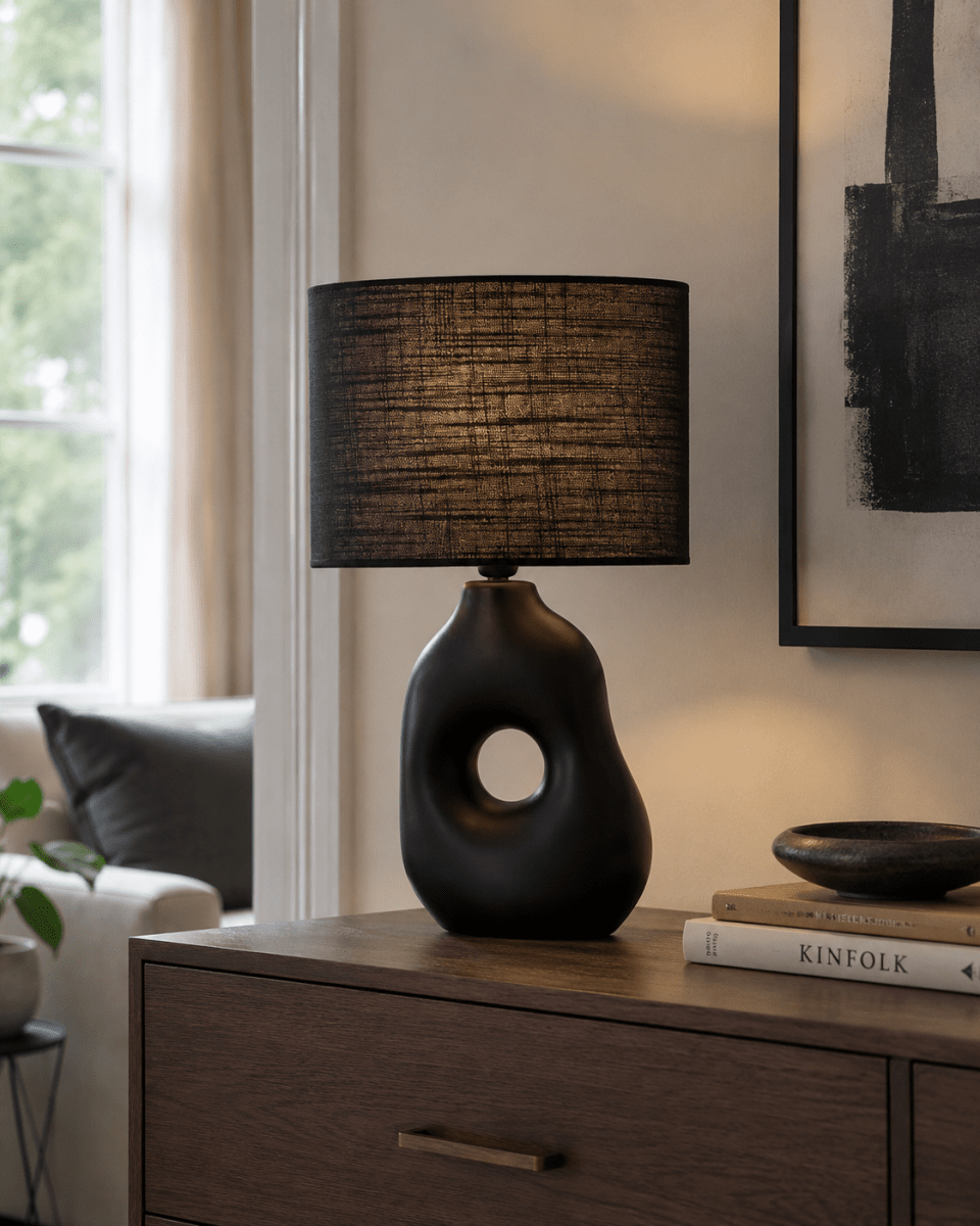 Pikazo 45cm Zwart tafellamp Van Lampan - De zwarte Pikazo tafellamp heeft een unieke keramische voet met een sculpturale vorm en een decoratief, doorlopend gat, aangevuld met een bijpassende, ovale linnen kap.