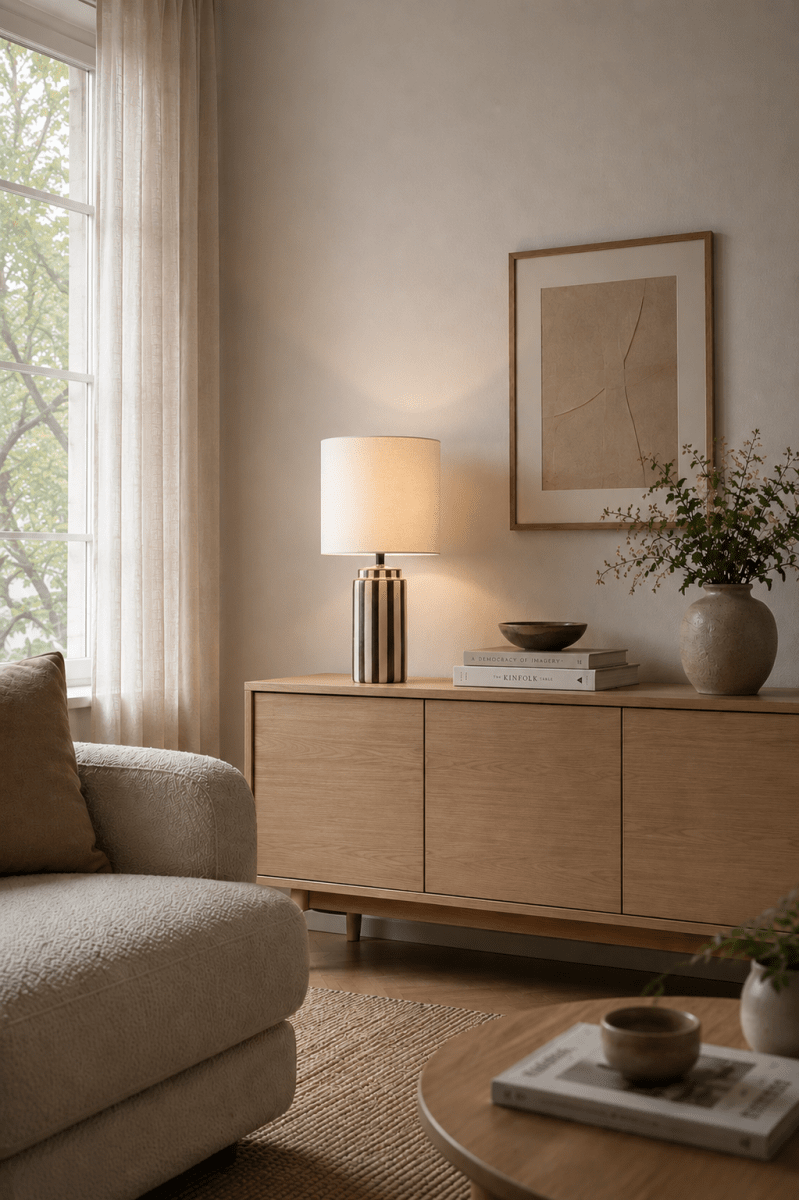 Faro 50cm Bruin/wit tafellamp Van Nordic Lighting - Faro is een stijlvolle tafellamp die een klassieke vorm combineert met een grafische uitstraling.