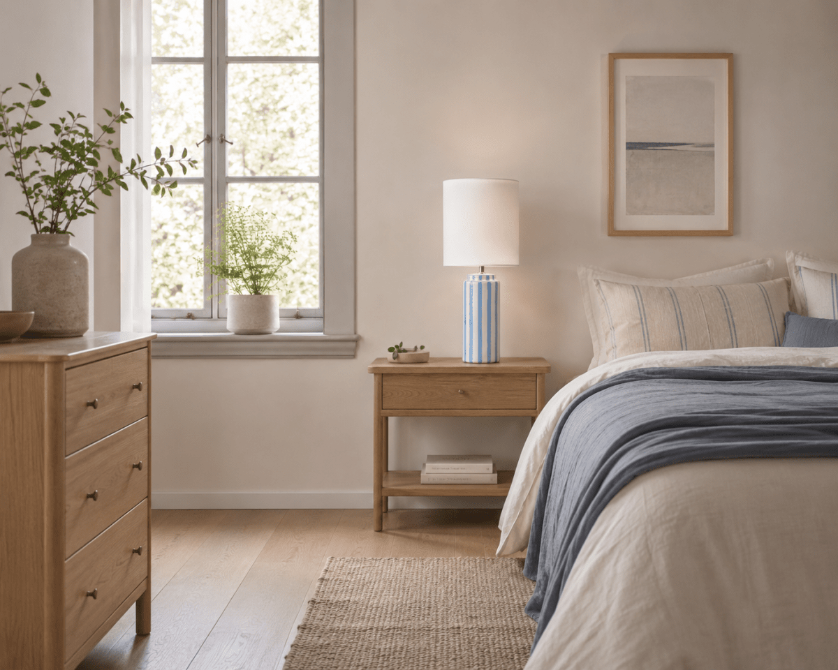 Faro 50cm Lichtblauw/wit tafellamp Van Nordic Lighting - Faro is een stijlvolle tafellamp die een klassieke vorm combineert met een grafische uitstraling.